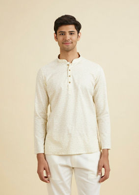 Manyavar Men Cream Floral Printed Short Kurta