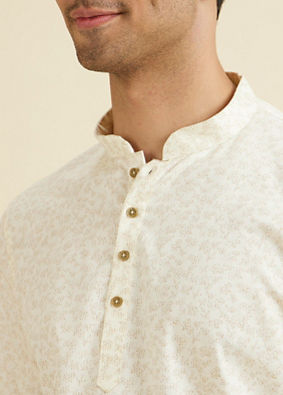 Manyavar Men Cream Floral Printed Short Kurta