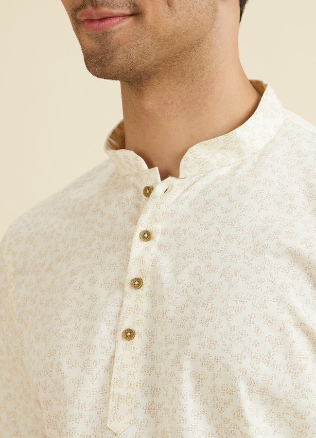 Manyavar Men Cream Floral Printed Short Kurta