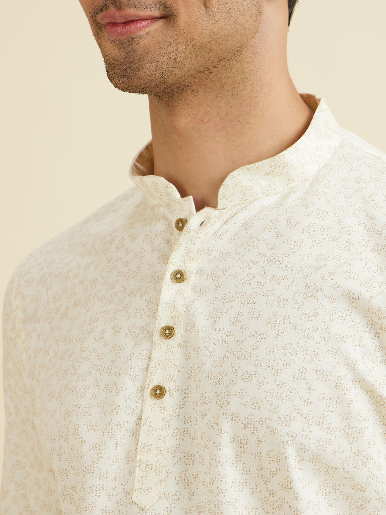 Manyavar Men Cream Floral Printed Short Kurta