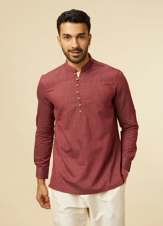 alt message - Manyavar Men Maroon Harlequin Printed Short Kurta image number 0