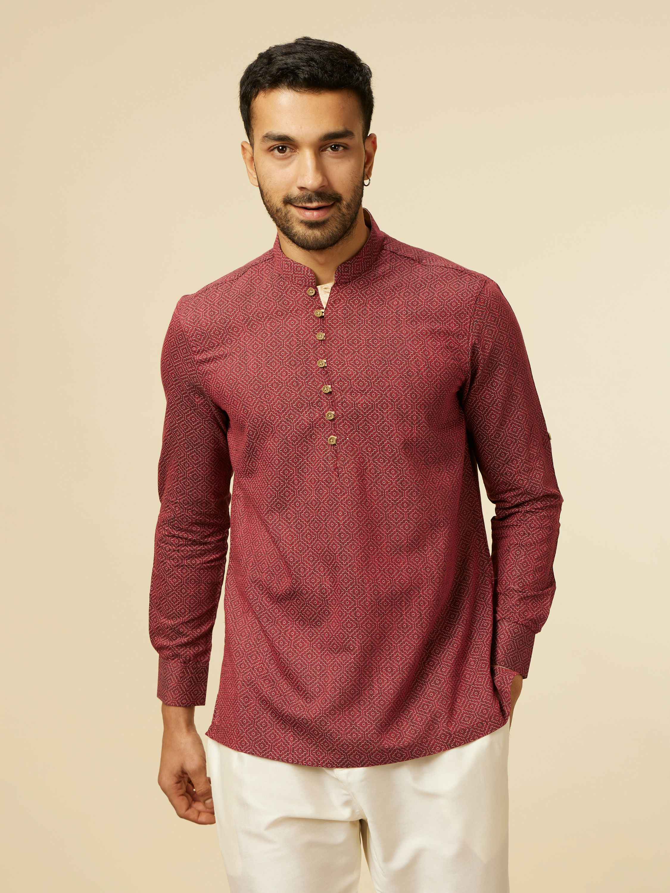 Manyavar Men Maroon Harlequin Printed Short Kurta