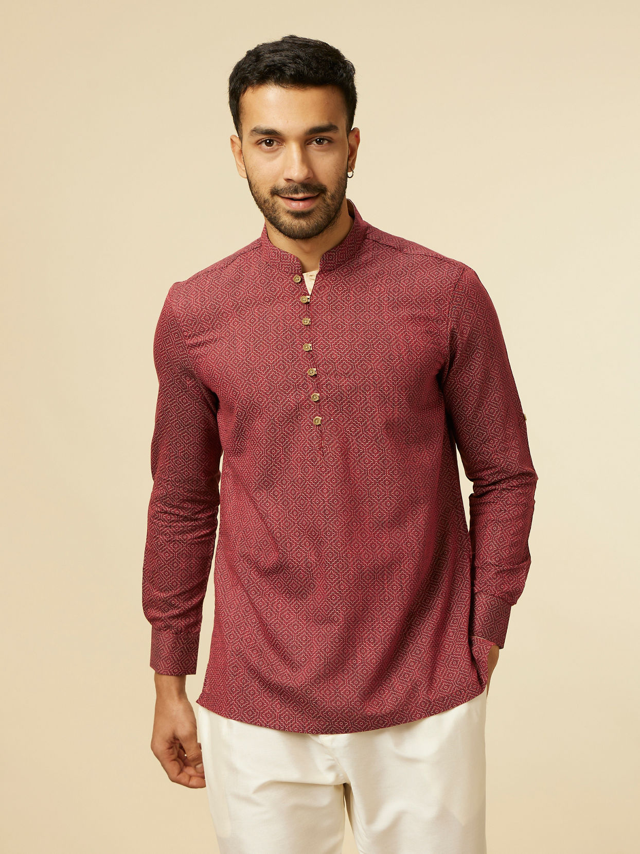 alt message - Manyavar Men Maroon Harlequin Printed Short Kurta image number 0