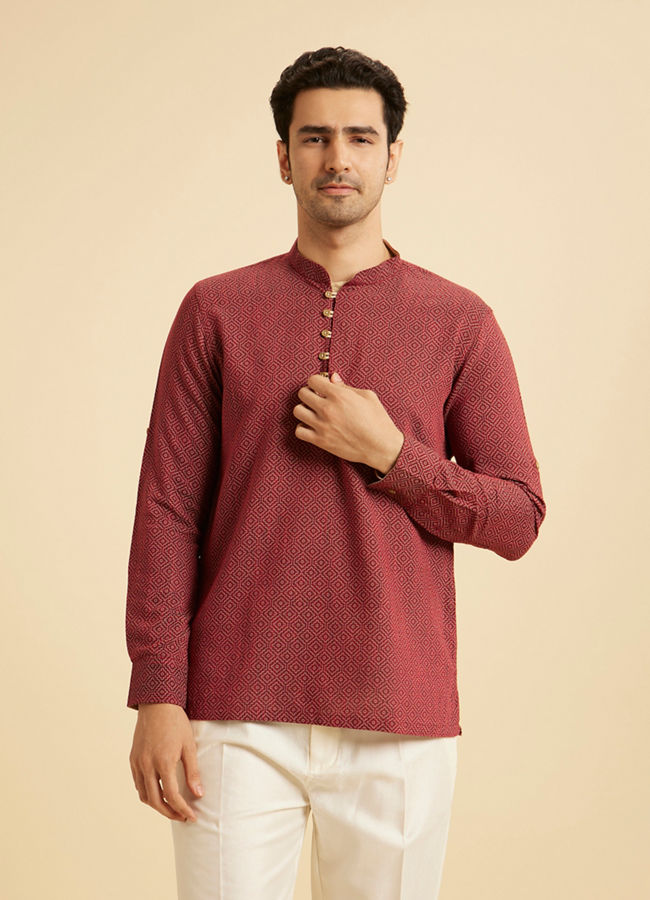 Manyavar Men Maroon Harlequin Printed Short Kurta