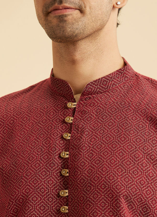 Manyavar Men Maroon Harlequin Printed Short Kurta