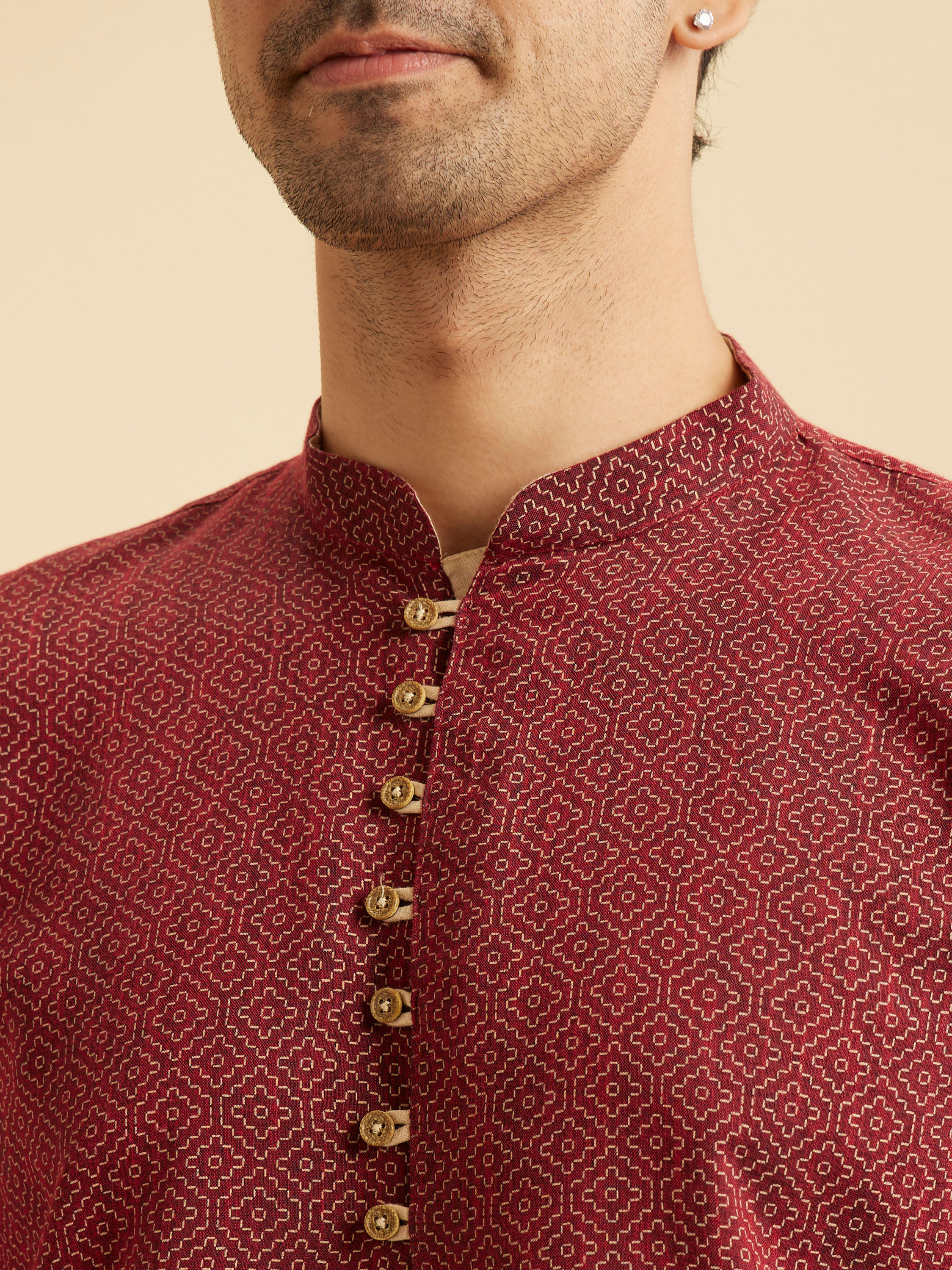 Manyavar Men Maroon Harlequin Printed Short Kurta