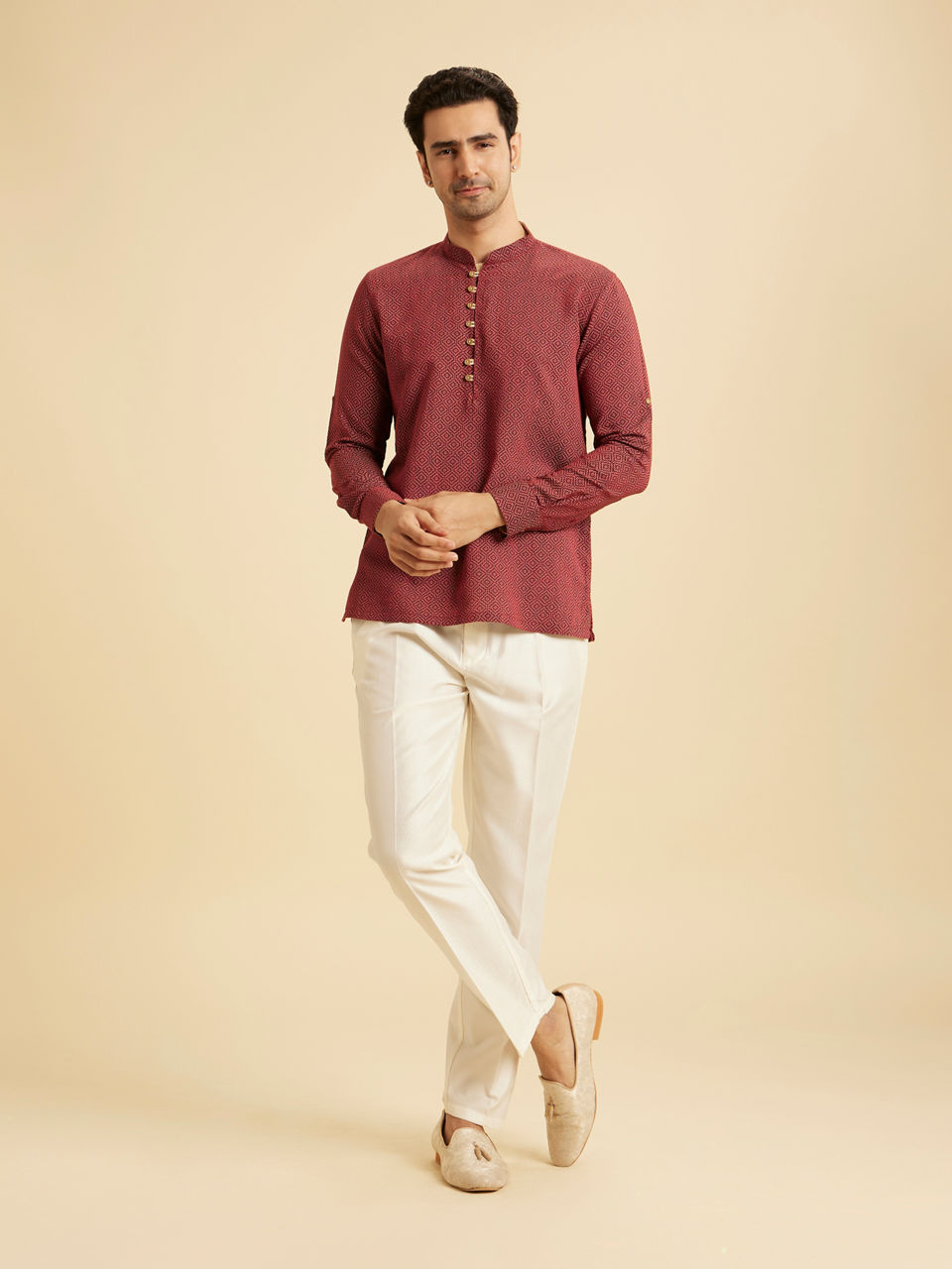 Manyavar Men Maroon Harlequin Printed Short Kurta
