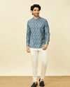 alt message - Manyavar Men Indigo Blue Shankh Motif Short Kurta image number 2