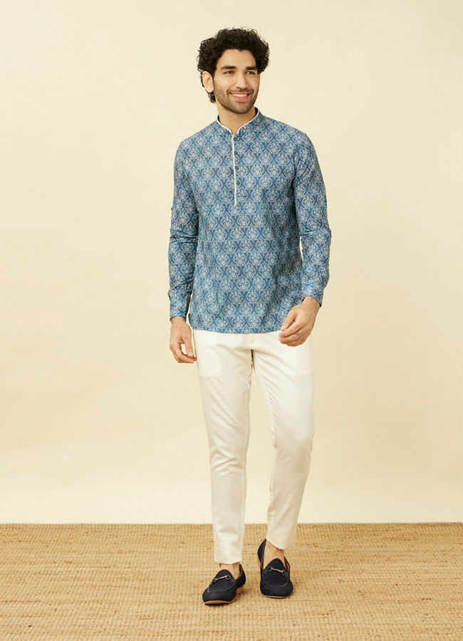 Manyavar Men Indigo Blue Shankh Motif Short Kurta