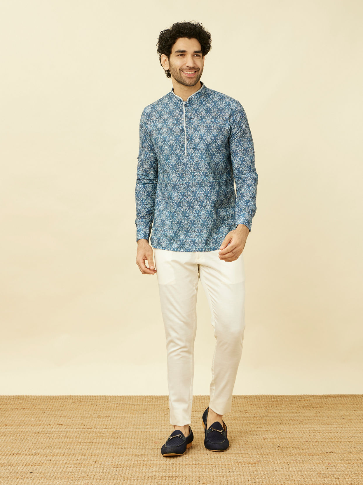 Manyavar Men Indigo Blue Shankh Motif Short Kurta