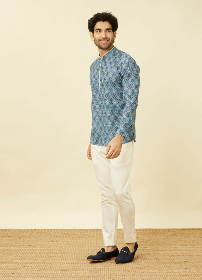 Manyavar Men Indigo Blue Shankh Motif Short Kurta
