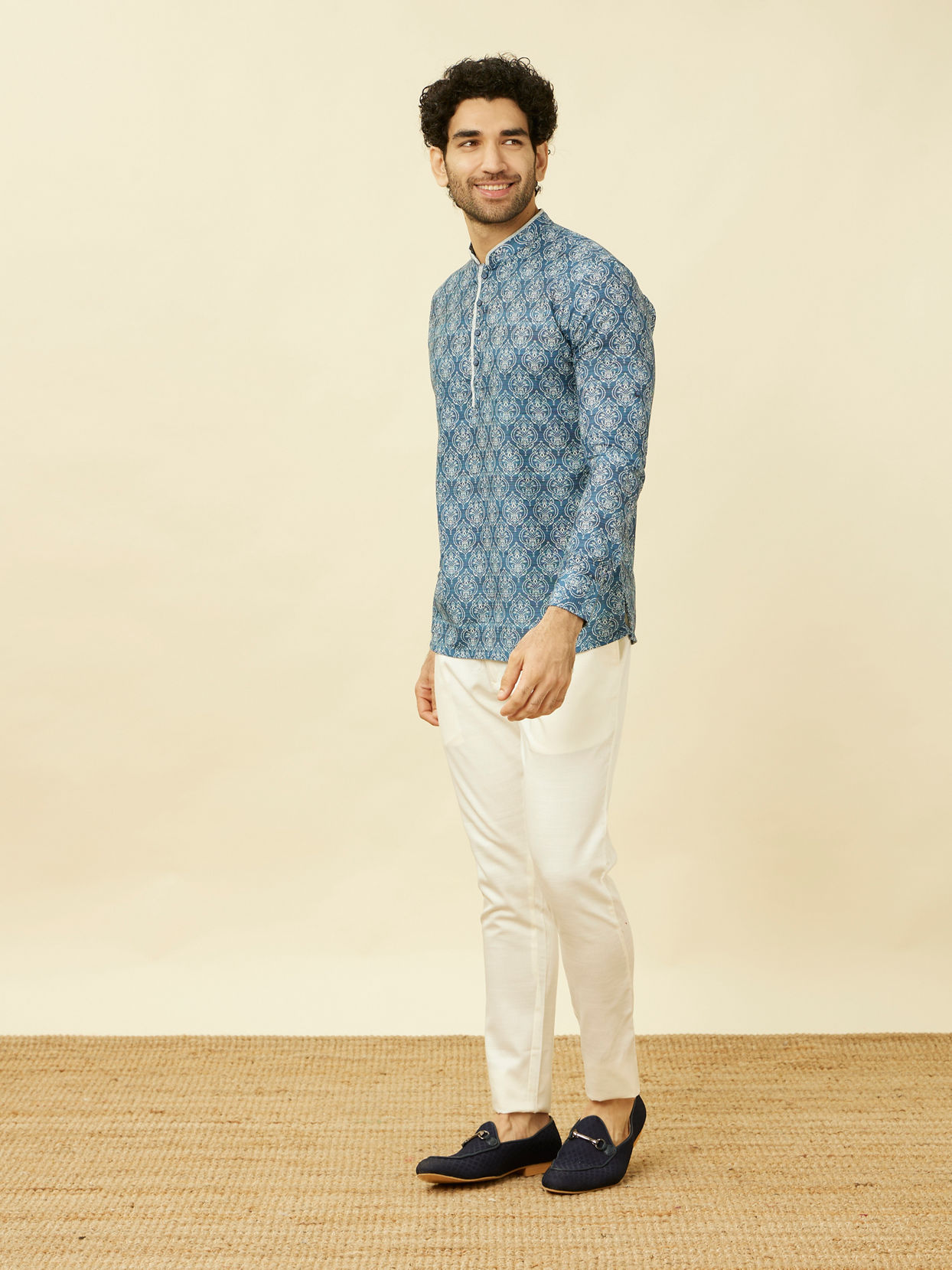 Manyavar Men Indigo Blue Shankh Motif Short Kurta