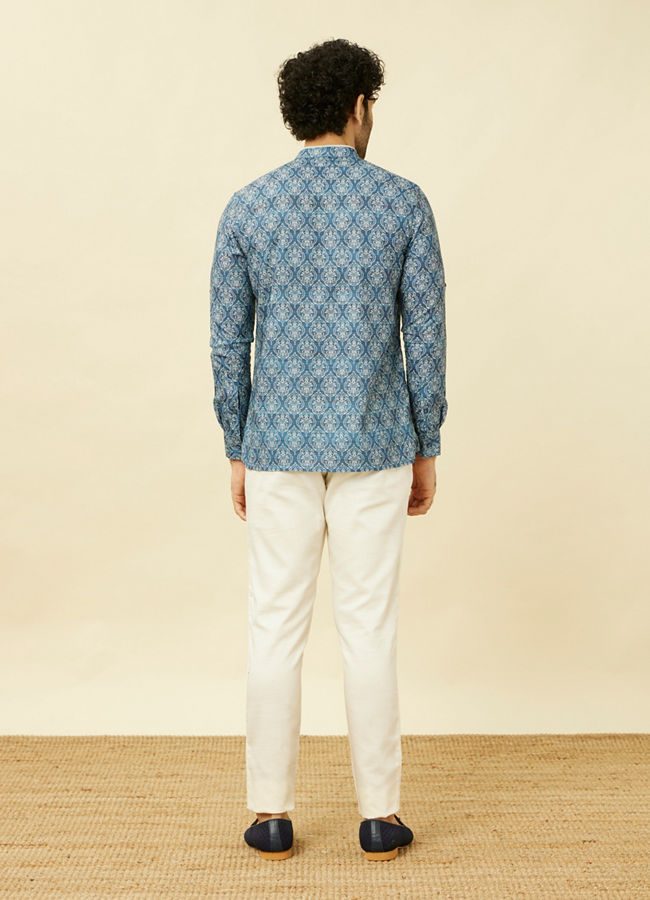 Manyavar Men Indigo Blue Shankh Motif Short Kurta