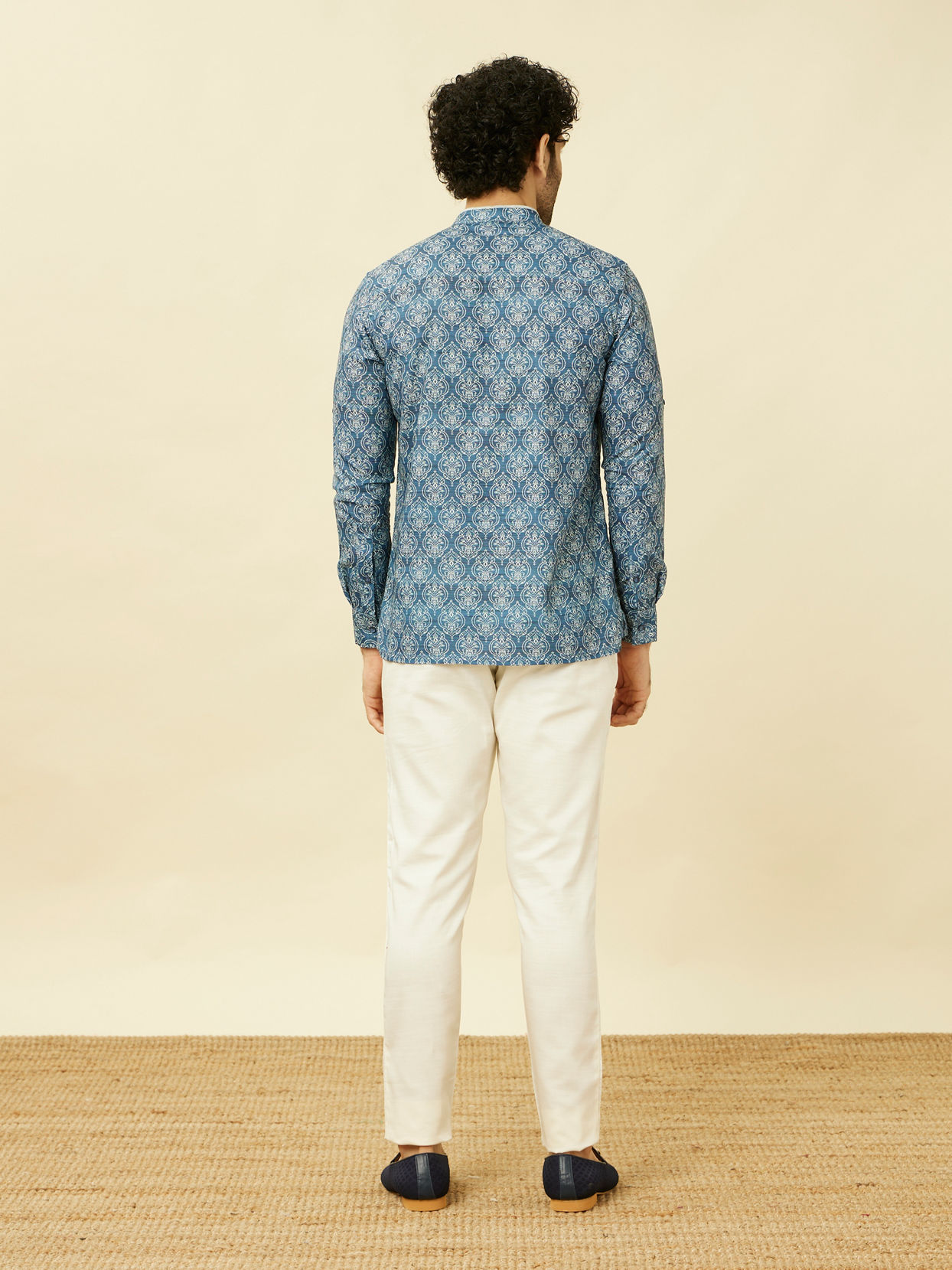 Manyavar Men Indigo Blue Shankh Motif Short Kurta