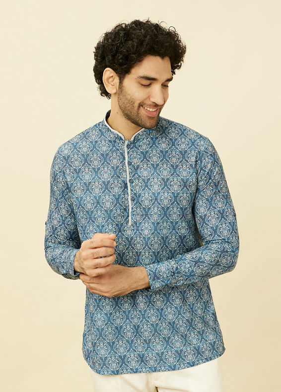 Manyavar Men Indigo Blue Shankh Motif Short Kurta