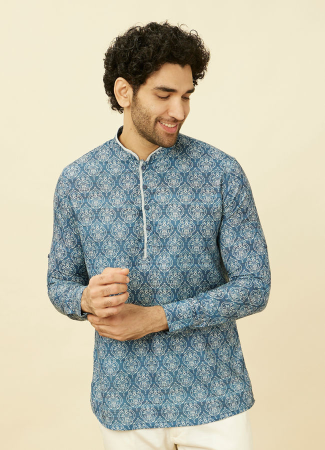 Manyavar Men Indigo Blue Shankh Motif Short Kurta