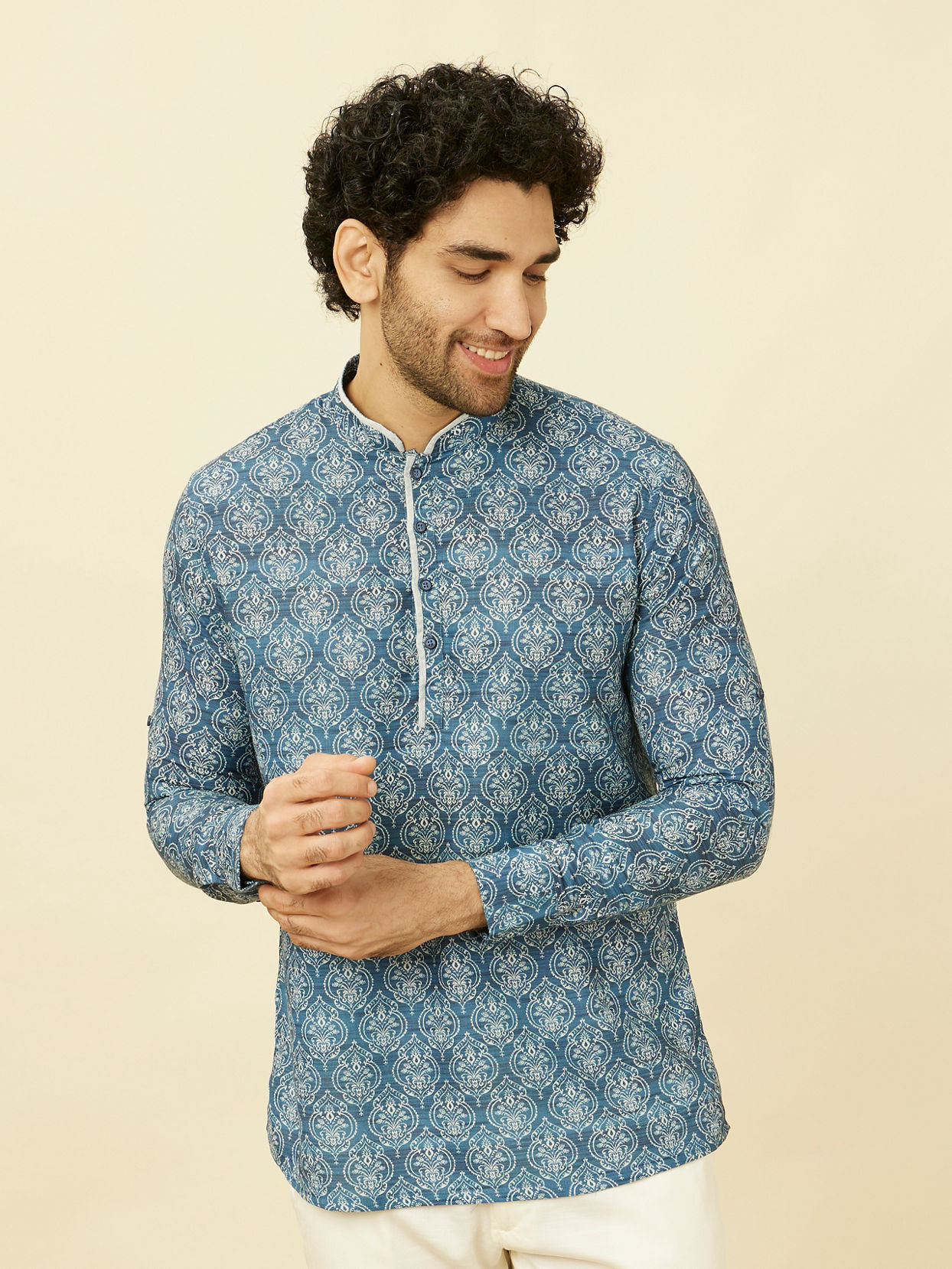 Manyavar Men Indigo Blue Shankh Motif Short Kurta