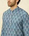 alt message - Manyavar Men Indigo Blue Shankh Motif Short Kurta image number 1