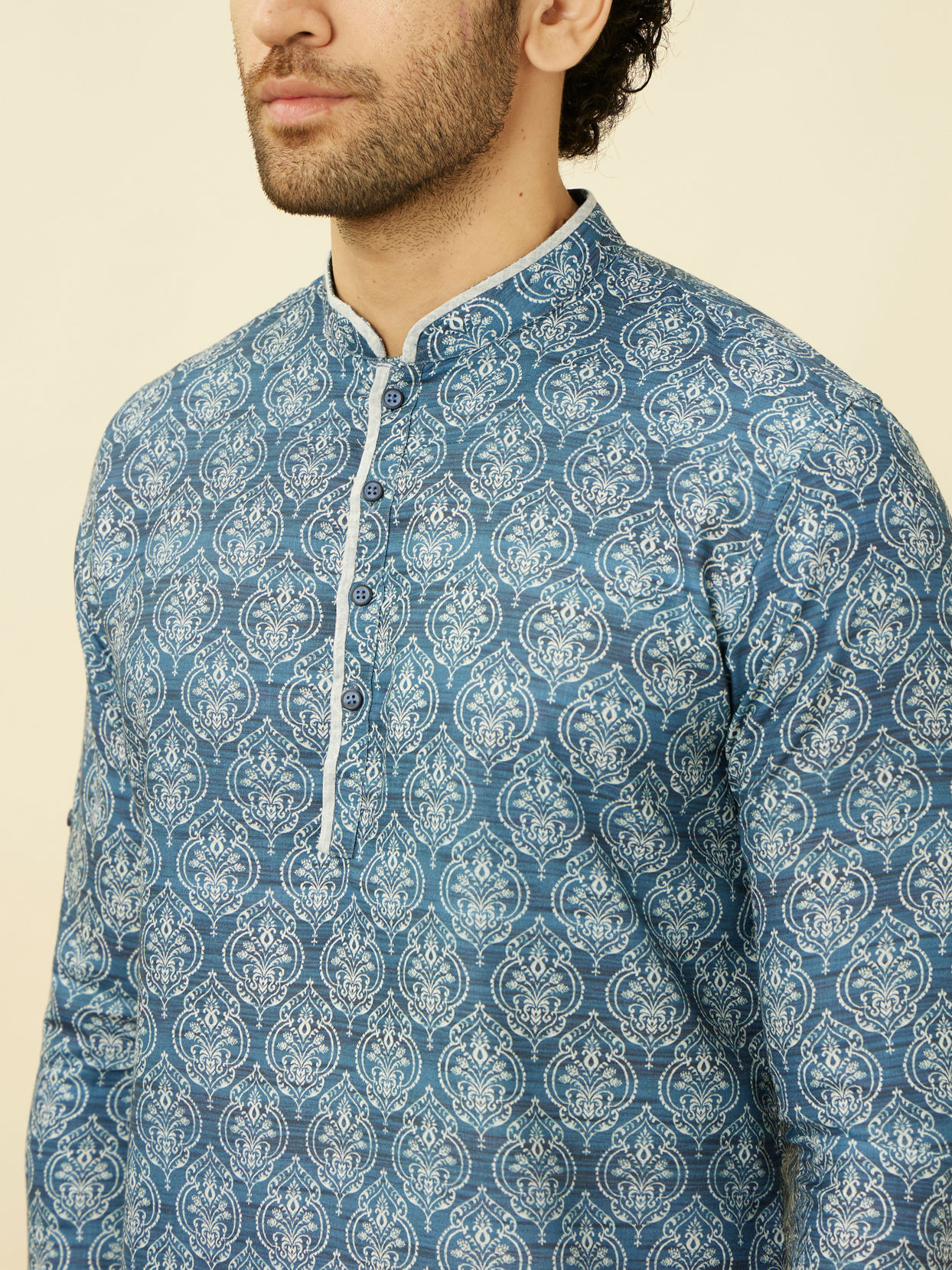 alt message - Manyavar Men Indigo Blue Shankh Motif Short Kurta image number 1