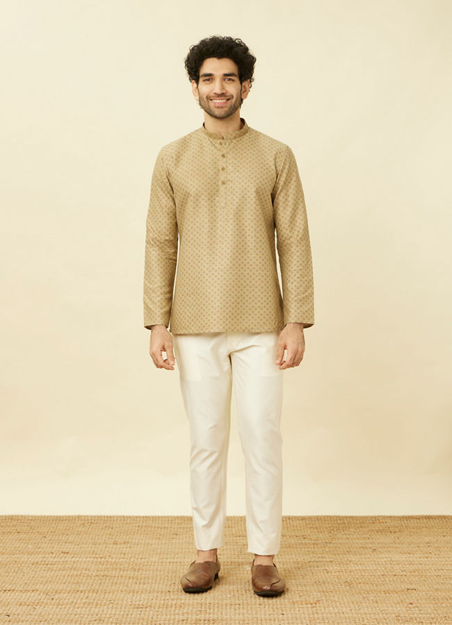 Manyavar Men Biscuit Beige Intricate Diamond Printed Short Kurta