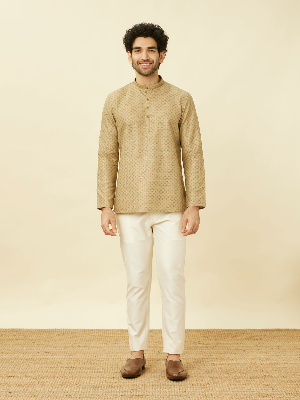 Manyavar Men Biscuit Beige Intricate Diamond Printed Short Kurta