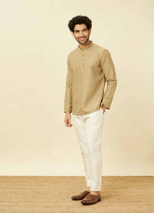 Manyavar Men Biscuit Beige Intricate Diamond Printed Short Kurta