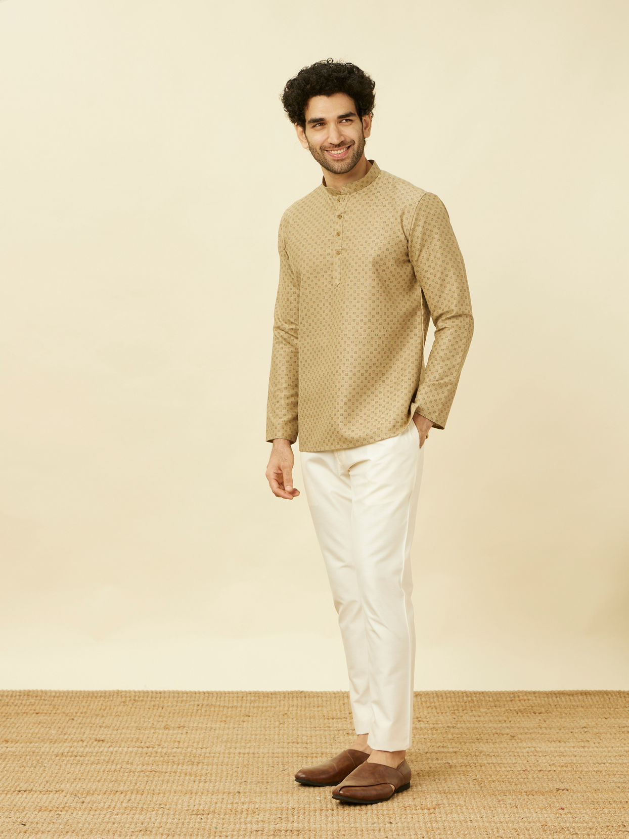 Manyavar Men Biscuit Beige Intricate Diamond Printed Short Kurta