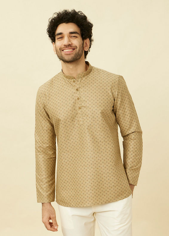 Manyavar Men Biscuit Beige Intricate Diamond Printed Short Kurta