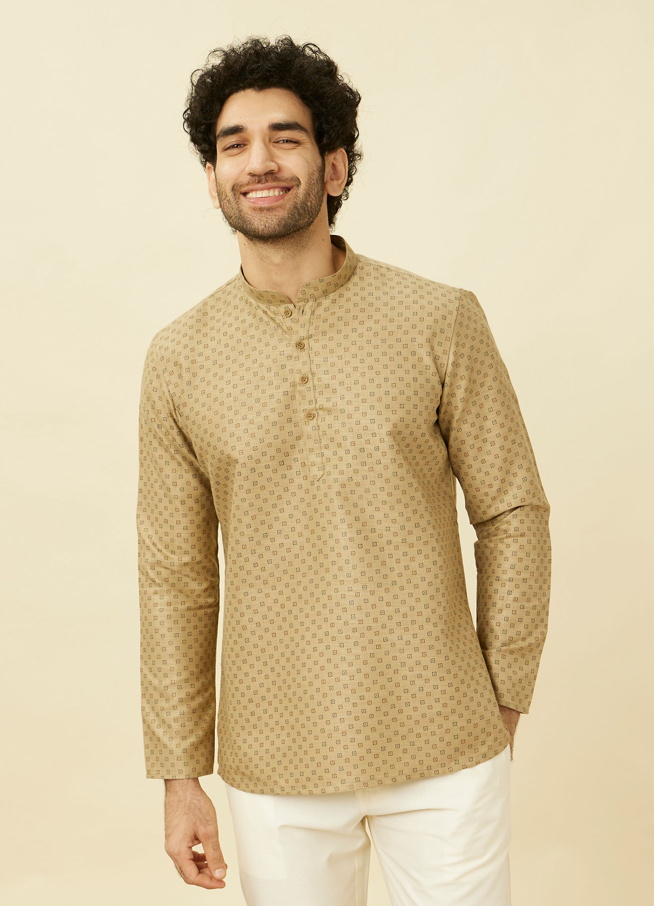 Manyavar Men Biscuit Beige Intricate Diamond Printed Short Kurta