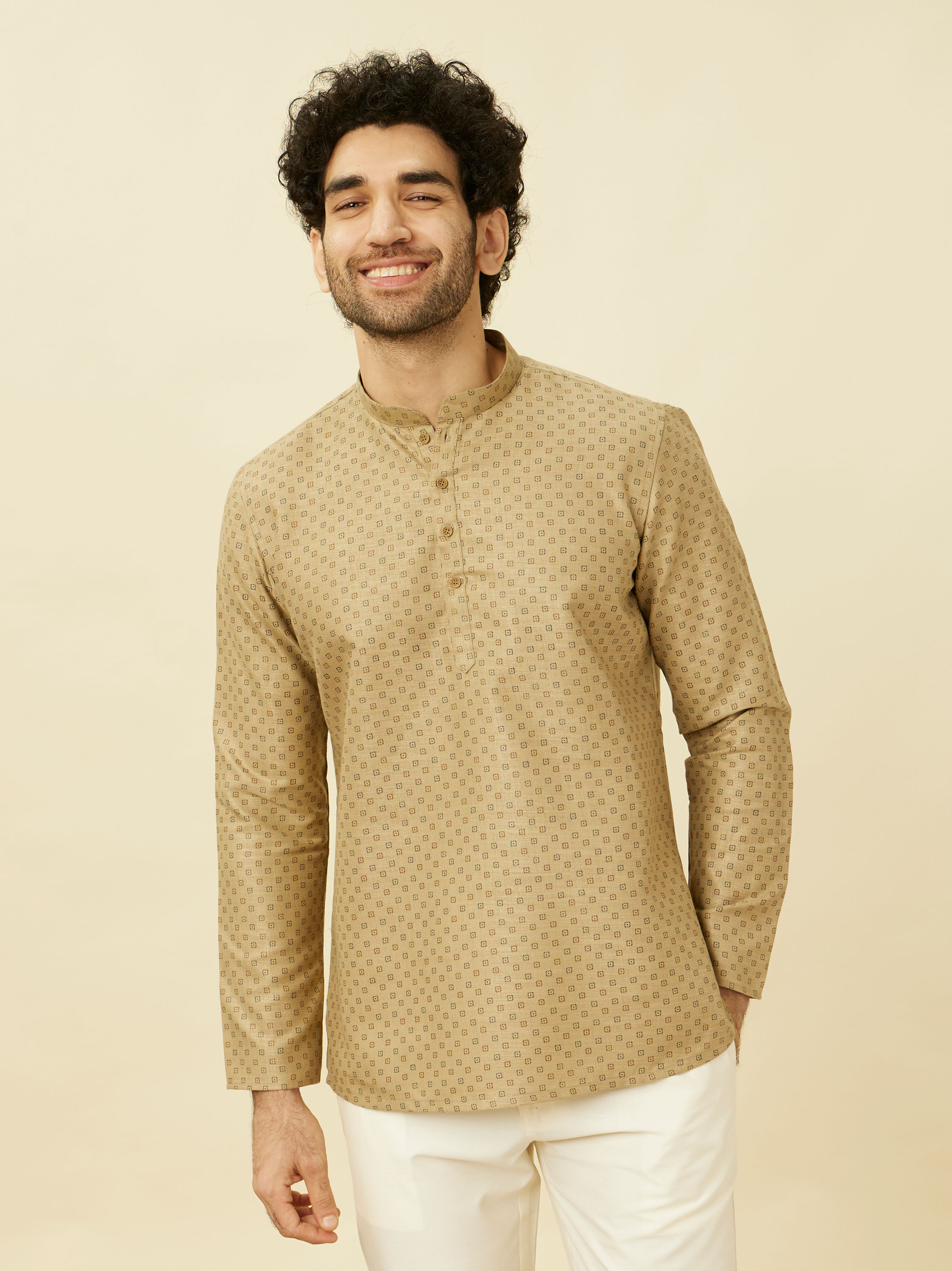 Manyavar Men Biscuit Beige Intricate Diamond Printed Short Kurta