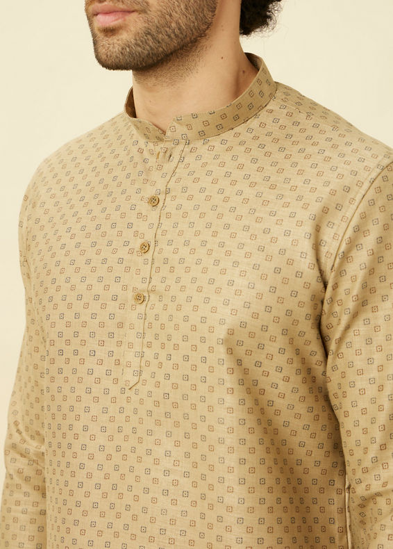 Manyavar Men Biscuit Beige Intricate Diamond Printed Short Kurta