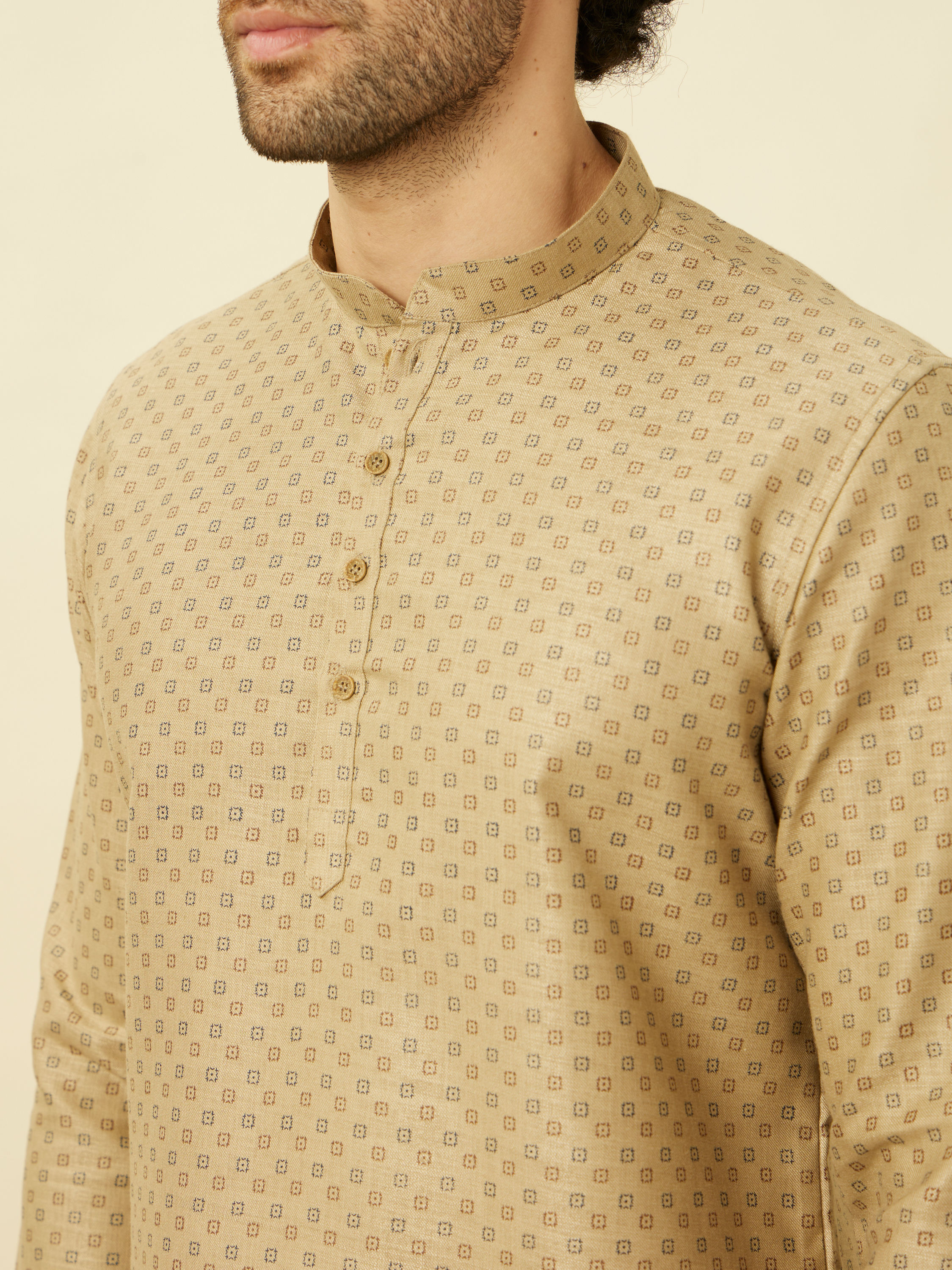 Manyavar Men Biscuit Beige Intricate Diamond Printed Short Kurta
