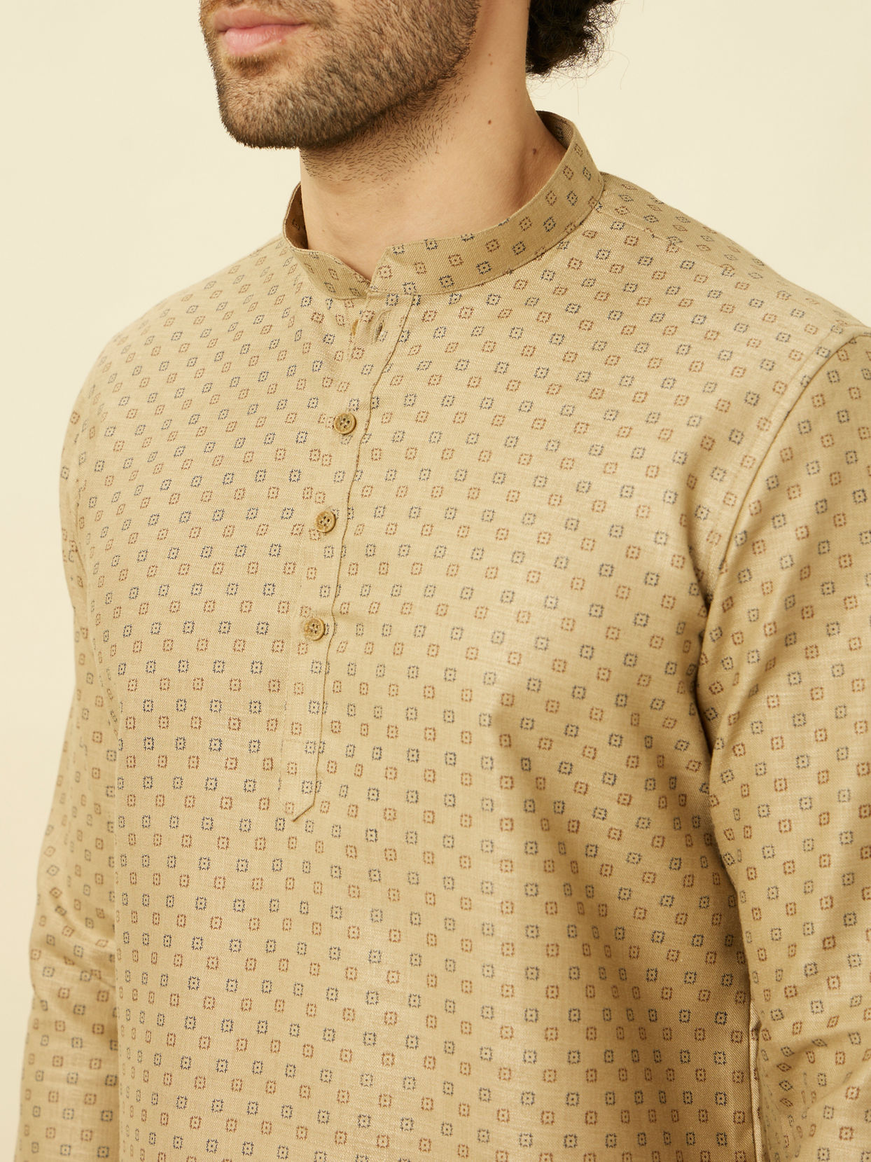 Manyavar Men Biscuit Beige Intricate Diamond Printed Short Kurta