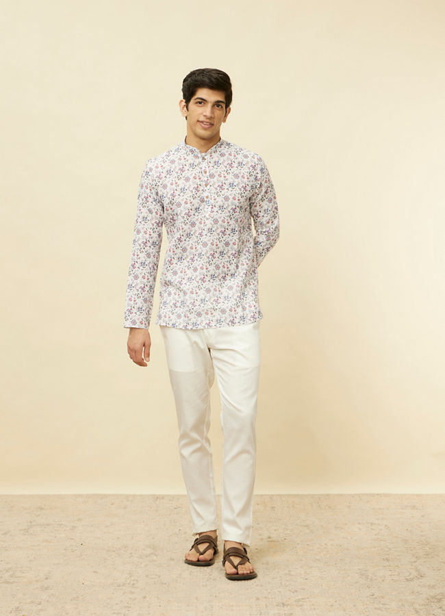 alt message - Manyavar Men Pristine White Bel Buti Printed Short Kurta image number 2