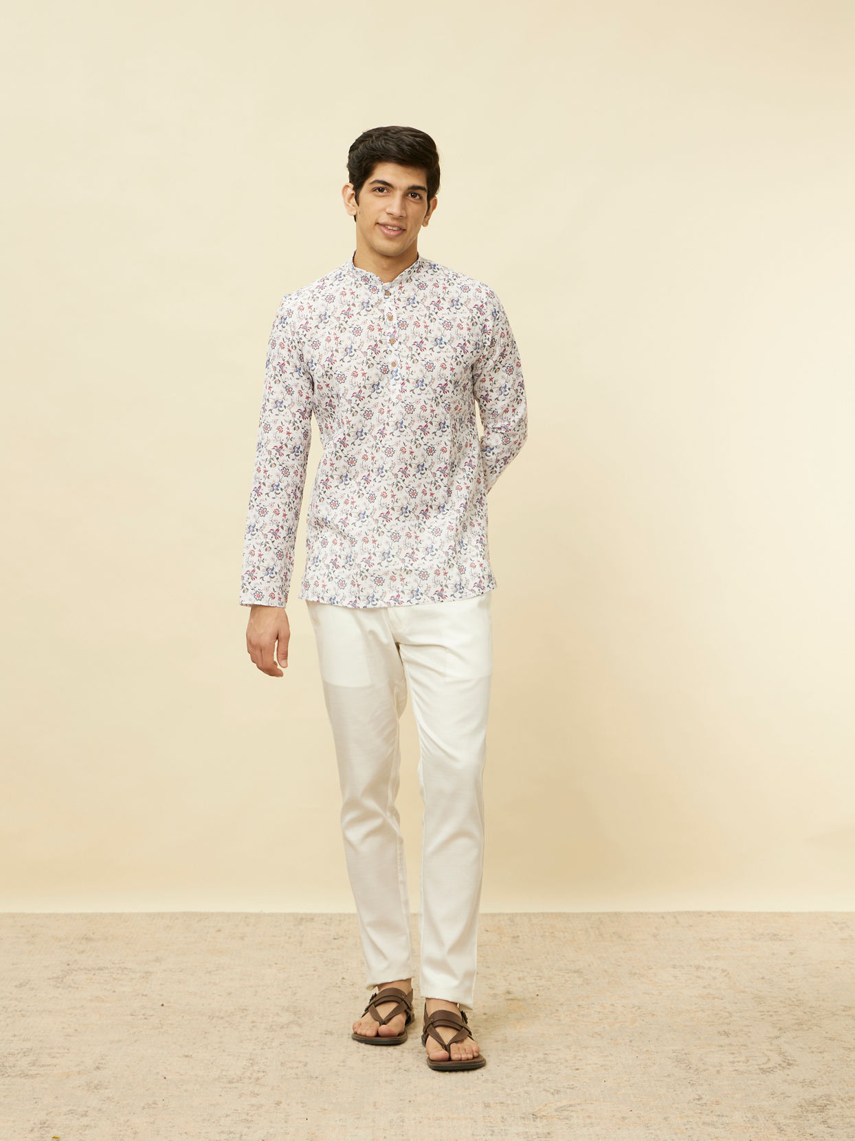 Manyavar Men Pristine White Bel Buti Printed Short Kurta