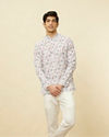 alt message - Manyavar Men Pristine White Bel Buti Printed Short Kurta image number 0