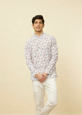 Manyavar Men Pristine White Bel Buti Printed Short Kurta