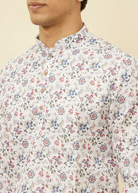 Manyavar Men Pristine White Bel Buti Printed Short Kurta