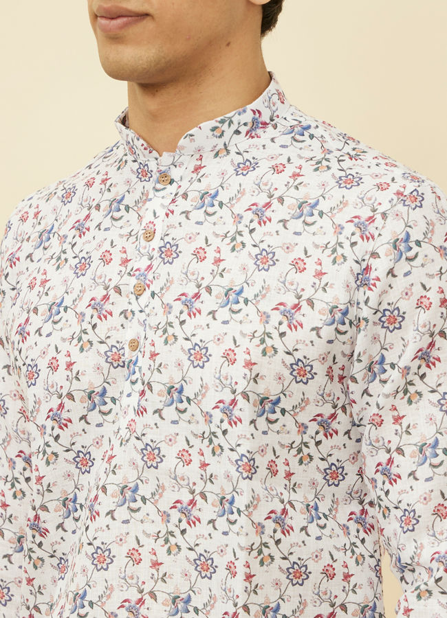 Manyavar Men Pristine White Bel Buti Printed Short Kurta