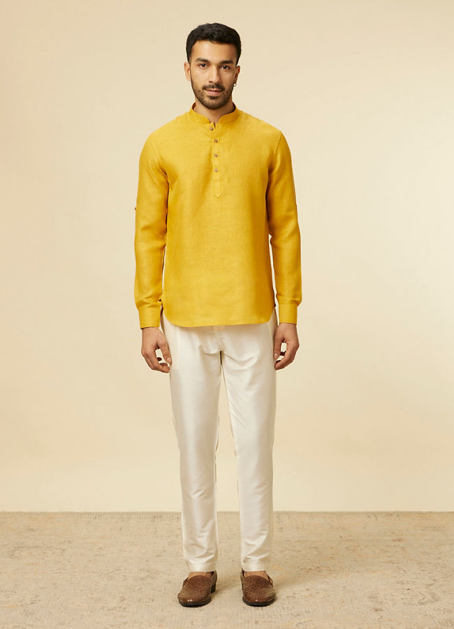 alt message - Manyavar Men Mustard Yellow Classic Short Kurta image number 2