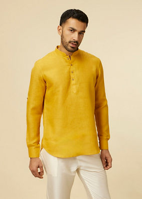 alt message - Manyavar Men Mustard Yellow Classic Short Kurta image number 0