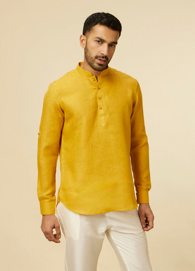 alt message - Manyavar Men Mustard Yellow Classic Short Kurta image number 0