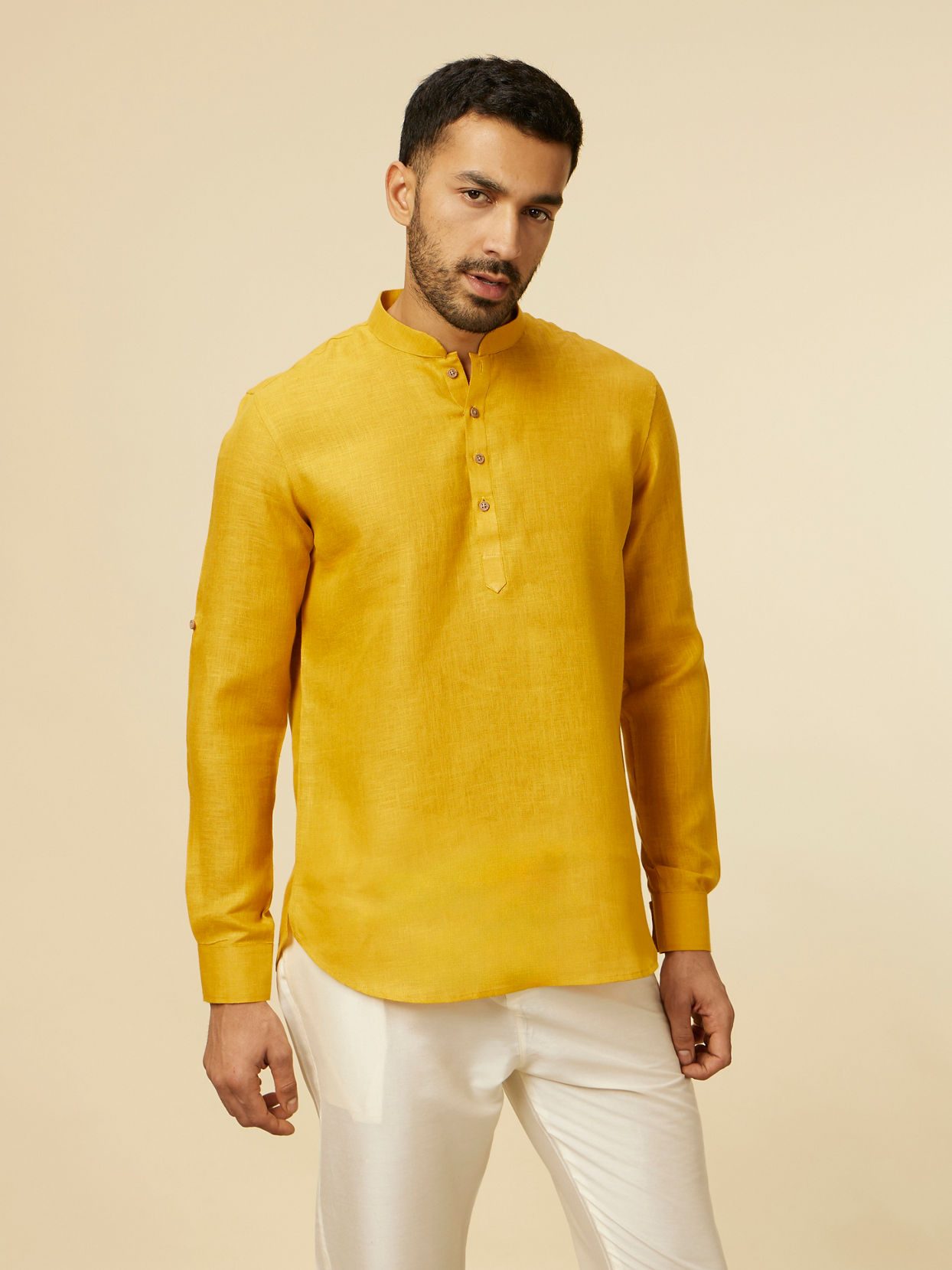 alt message - Manyavar Men Mustard Yellow Classic Short Kurta image number 0