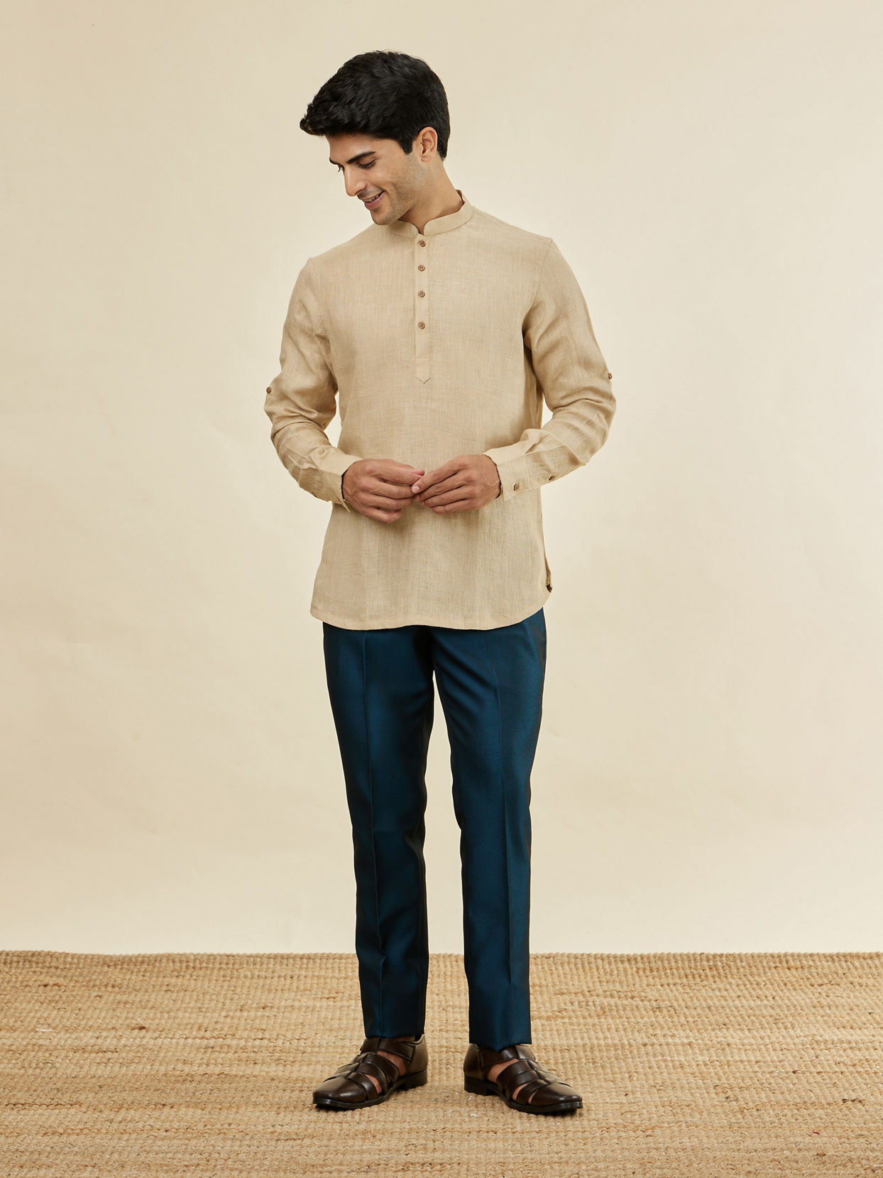 Manyavar Men Champagne Beige Classic Short Kurta