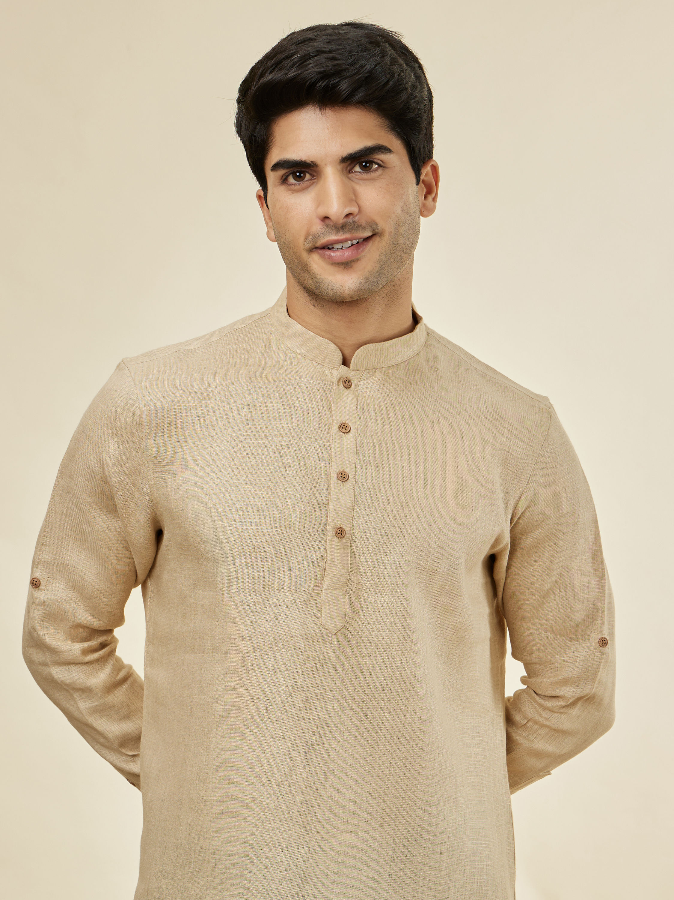 Manyavar Men Champagne Beige Classic Short Kurta