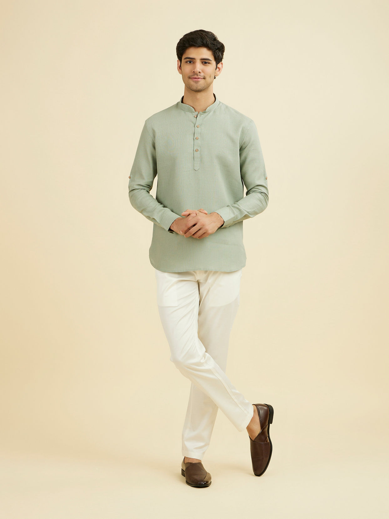 Manyavar Men Sage Green Classic Short Kurta