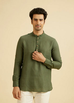 Manyavar Men Olive Green Linen Short Kurta