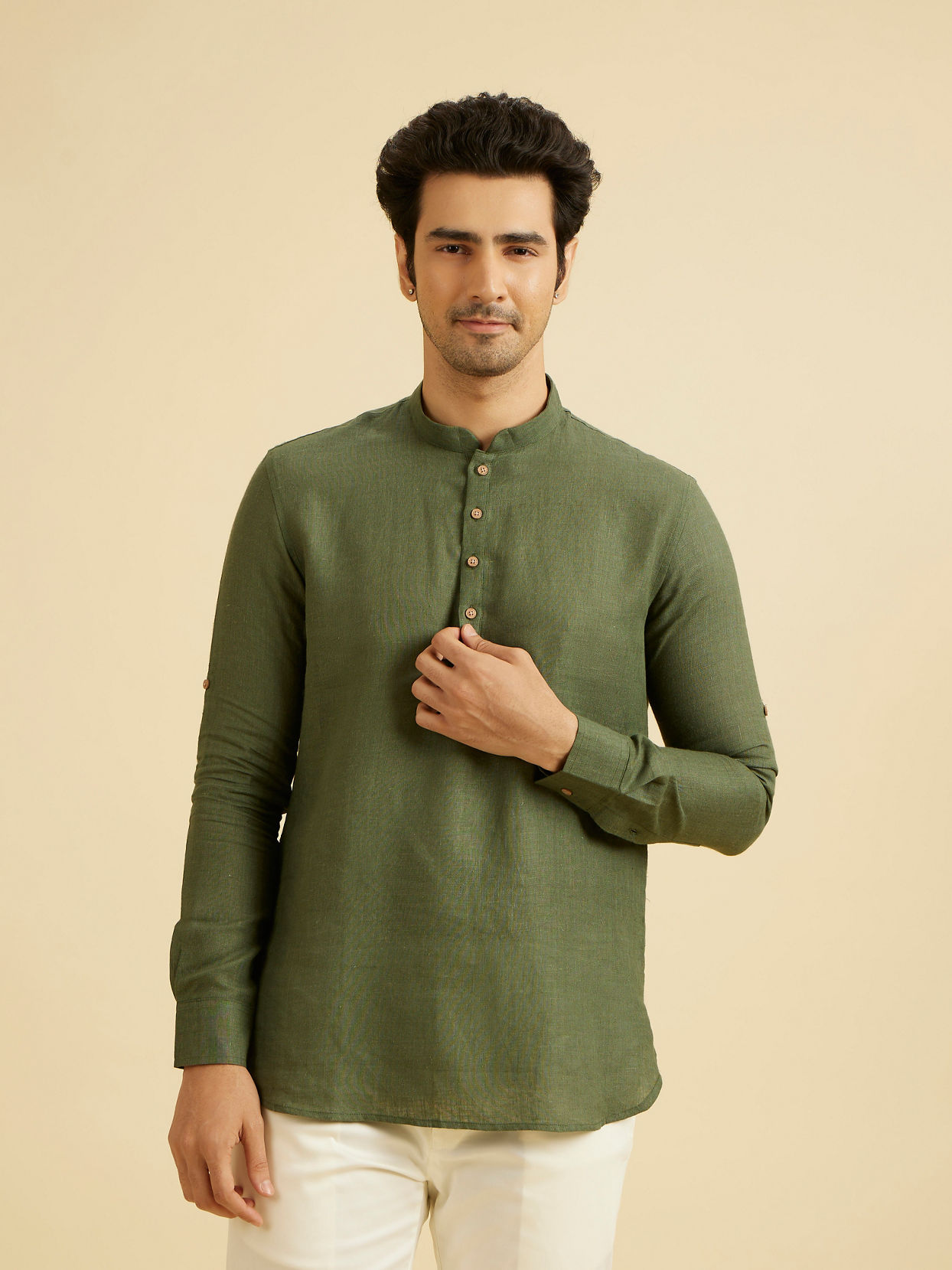 Manyavar Men Olive Green Linen Short Kurta