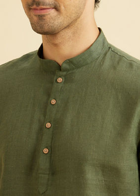Manyavar Men Olive Green Linen Short Kurta