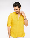 alt message - Manyavar Men Mustard Yellow Embroidered Neckline Short Kurta image number 0